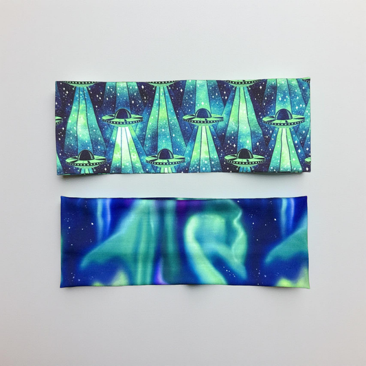 Alien Spaceship and Northern Lights Handmade Headbands Jersey Knit Soft Aurora Borealis UFO
