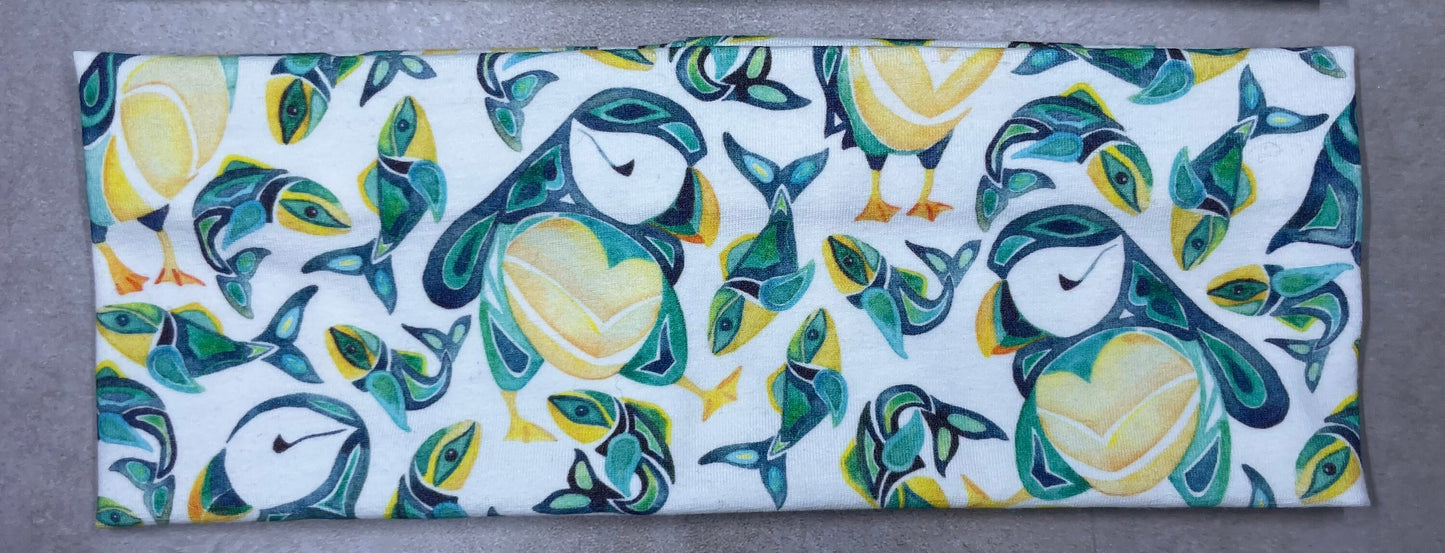Otters Puffins and Humpback Whales Watercolor Handmade Headbands Jersey Knit Soft
