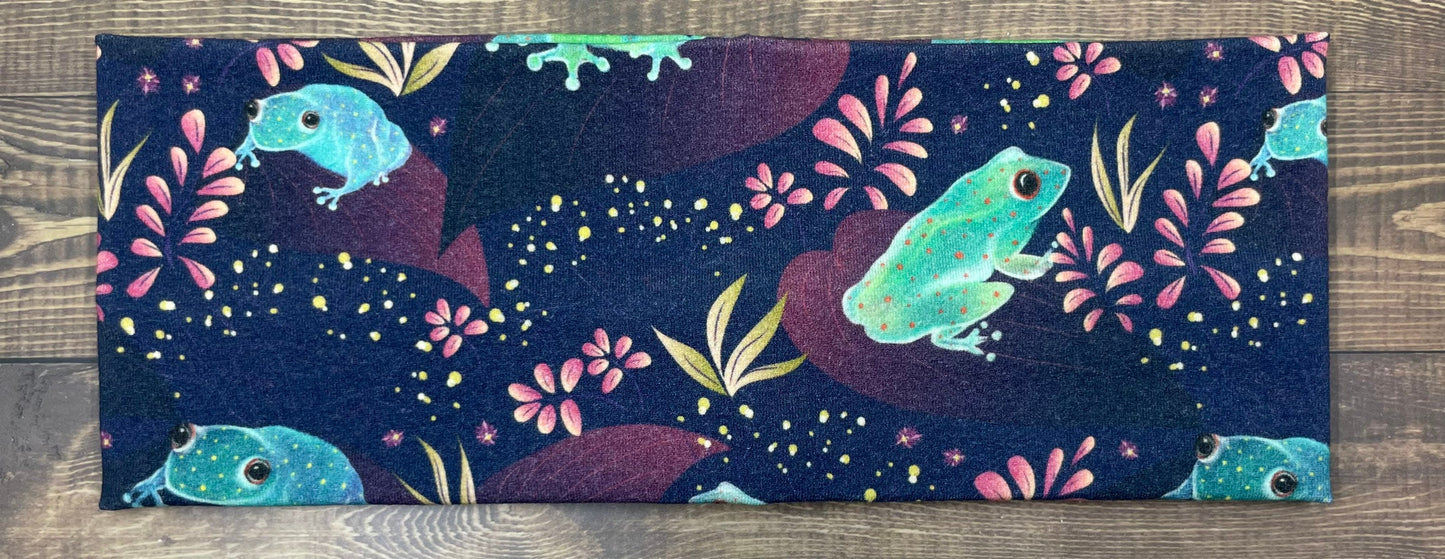 Bioluminescent Frogs and Teal Penguins Handmade Headbands Jersey Knit Soft Watercolor Graphic Design Art