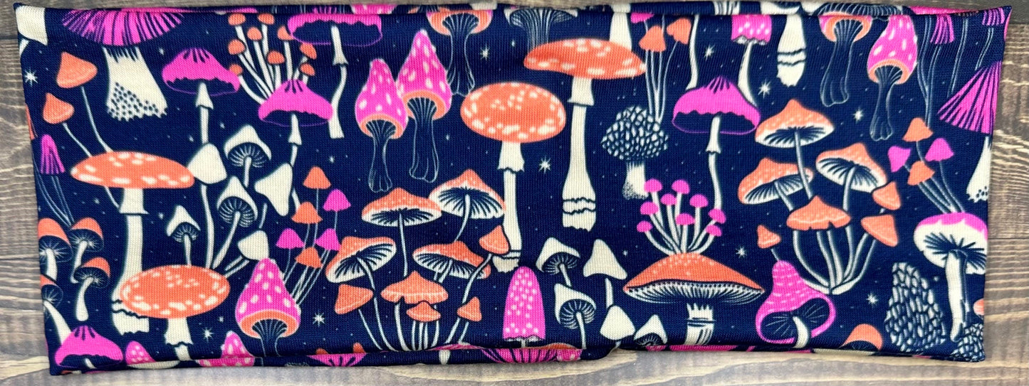 Neon Mushroom Headband With Fern and Snails, Handmade Bandeau Jersey Knit Soft Black, White, Purple, and Orange Floral Pattern