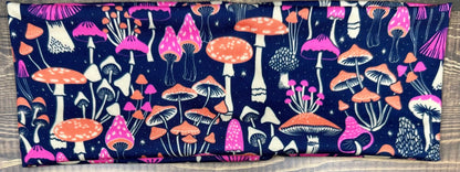 Neon Mushroom Headband With Fern and Snails, Handmade Bandeau Jersey Knit Soft Black, White, Purple, and Orange Floral Pattern