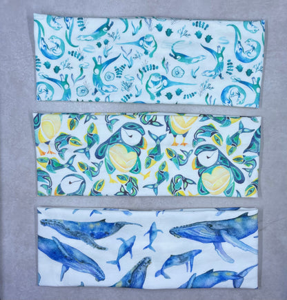 Otters Puffins and Humpback Whales Watercolor Handmade Headbands Jersey Knit Soft