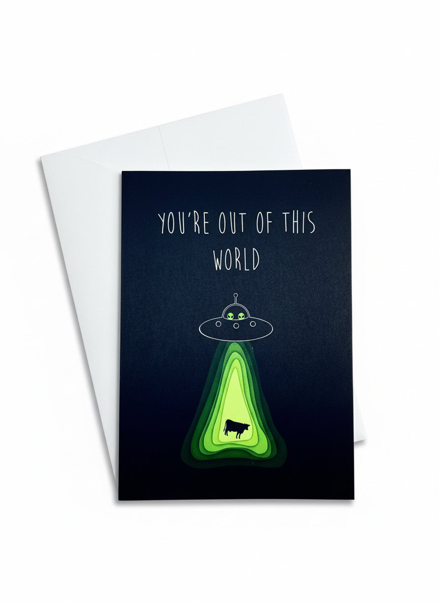 Alien Cow Abduction Spaceship Greeting Card Thank You Congratulations Card