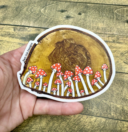 Mushroom Wood Slice Sticker: Original Artwork, Waterproof Vinyl Decal