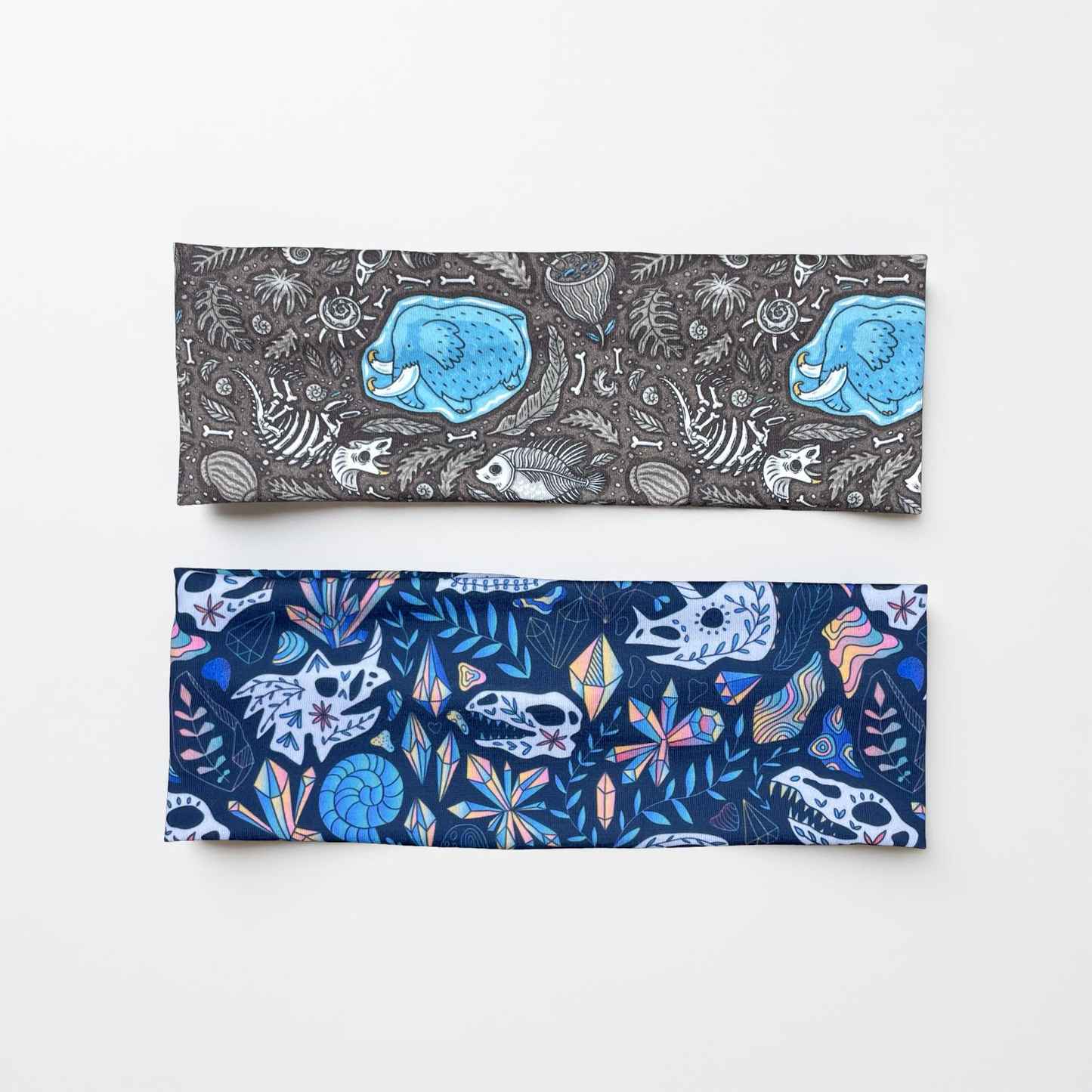 Prehistoric Dinosaurs and Wooly Mammoth and Bones Handmade Headbands Jersey Knit Super Soft Skeletons Fossils