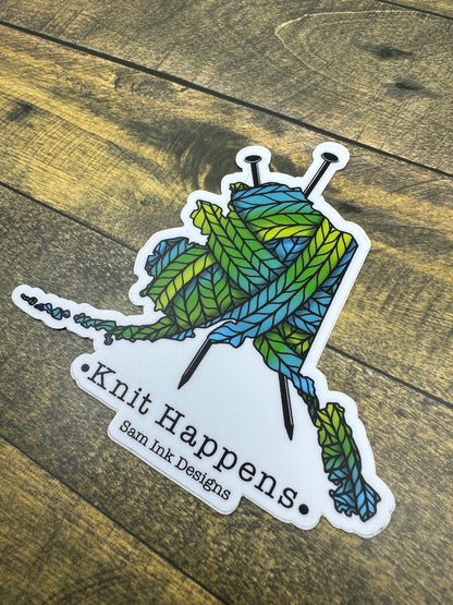 Knit Happens Alaska Sticker: Colorful Knitting Pun, 4-inch Vinyl