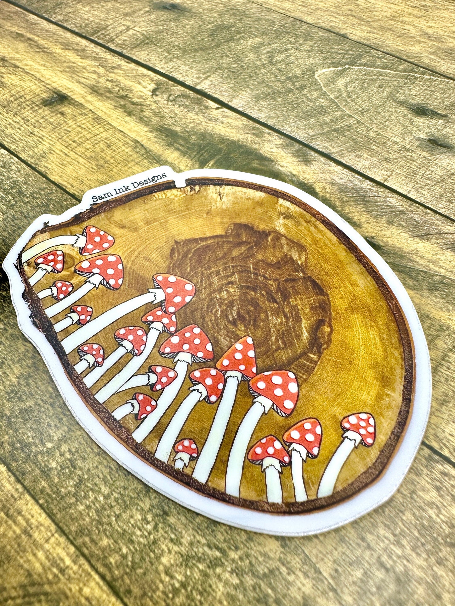 Mushroom Wood Slice Sticker: Original Artwork, Waterproof Vinyl Decal
