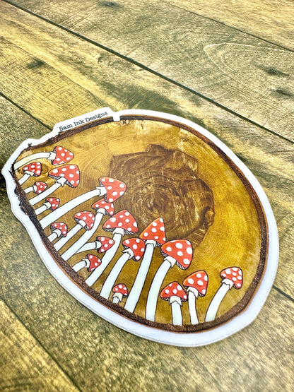Mushroom Wood Slice Sticker: Original Artwork, Waterproof Vinyl Decal