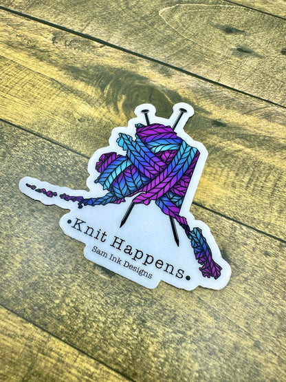 Knit Happens Alaska Sticker: Colorful Knitting Pun, 4-inch Vinyl