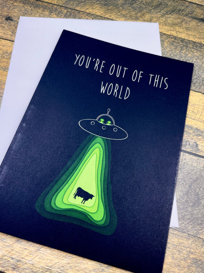 Alien Cow Abduction Spaceship Greeting Card Thank You Congratulations Card