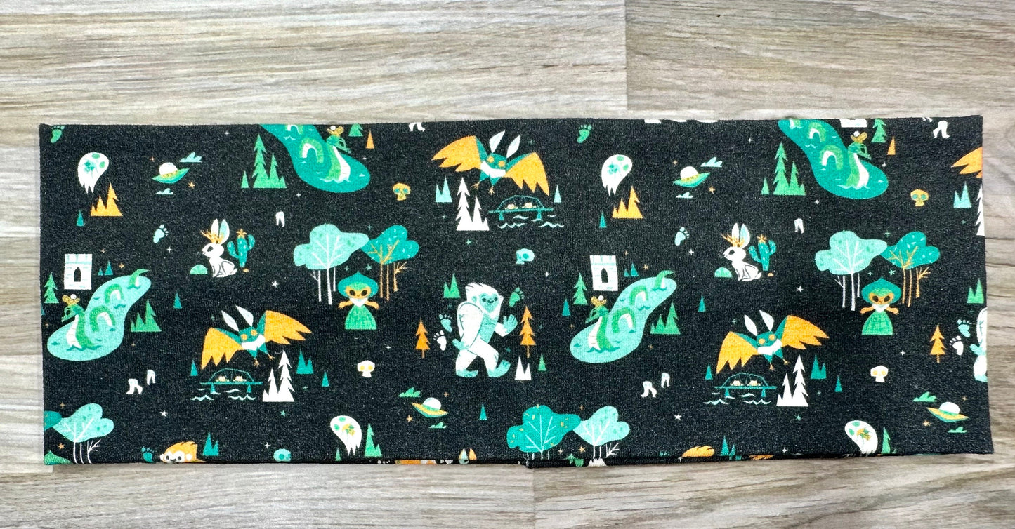 Bigfoot and Cryptids Headband Handmade Soft Jersey Knit Mythylogical Sweatband