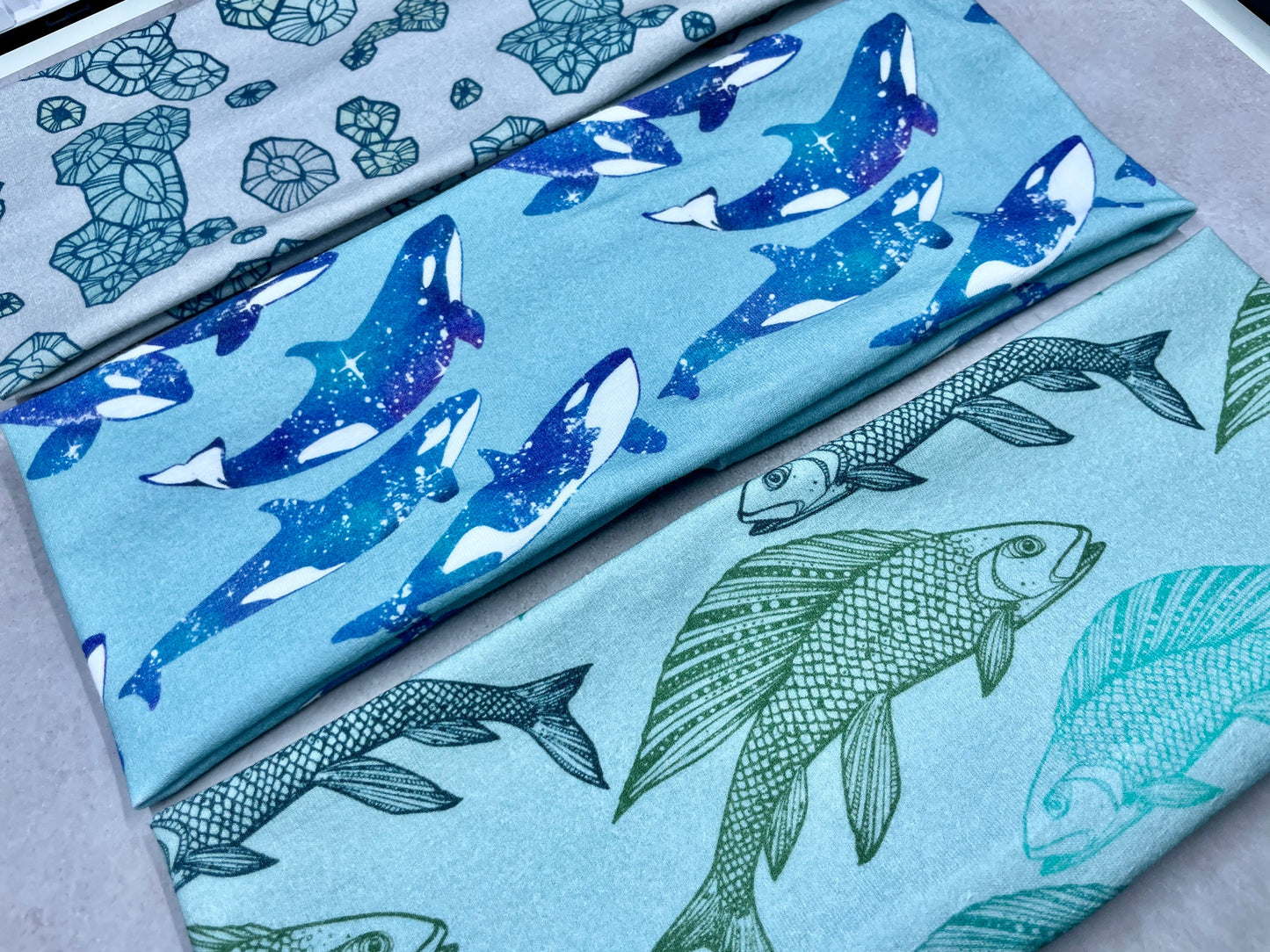 Orca Barnacles Grayling Fish Watercolor Headbands Jersey Knit Soft