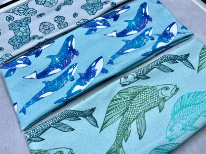 Orca Barnacles Grayling Fish Watercolor Headbands Jersey Knit Soft
