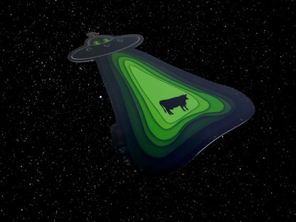 Alien Sticker Flying Soaceship and Abducting a Cow Waterproof Decal, Water Bottle, and Laptop Stickers