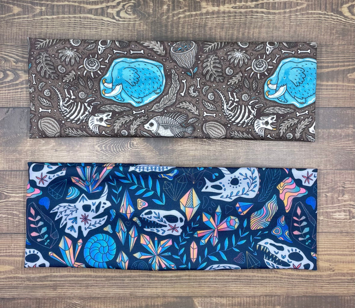 Prehistoric Dinosaurs and Wooly Mammoth and Bones Handmade Headbands Jersey Knit Super Soft Skeletons Fossils