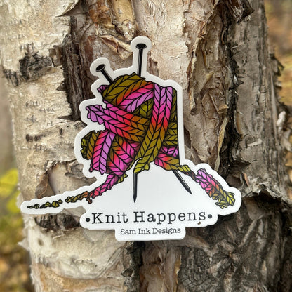 Knit Happens Alaska Sticker: Colorful Knitting Pun, 4-inch Vinyl