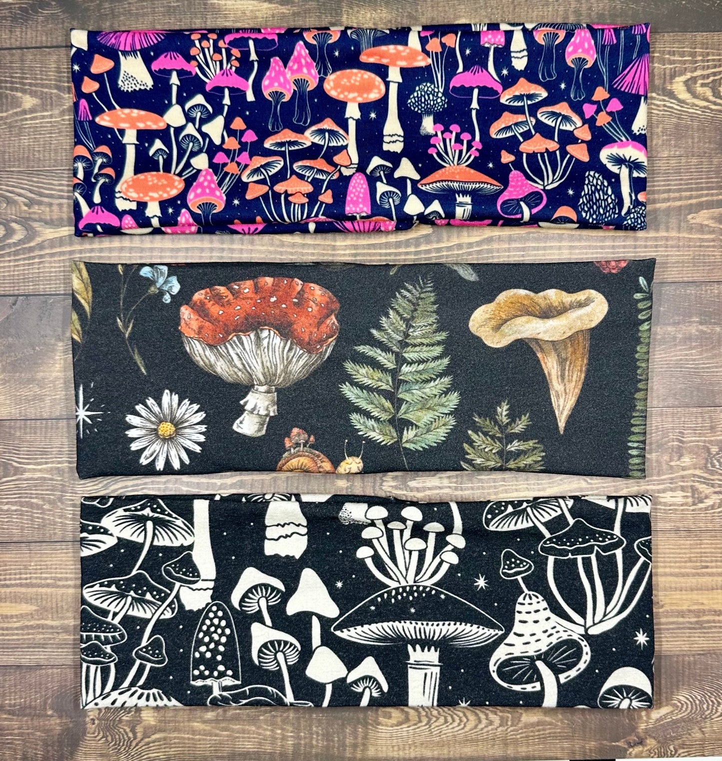 Neon Mushroom Headband With Fern and Snails, Handmade Bandeau Jersey Knit Soft Black, White, Purple, and Orange Floral Pattern
