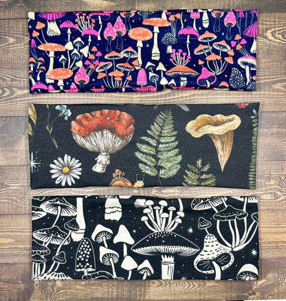 Neon Mushroom Headband With Fern and Snails, Handmade Bandeau Jersey Knit Soft Black, White, Purple, and Orange Floral Pattern