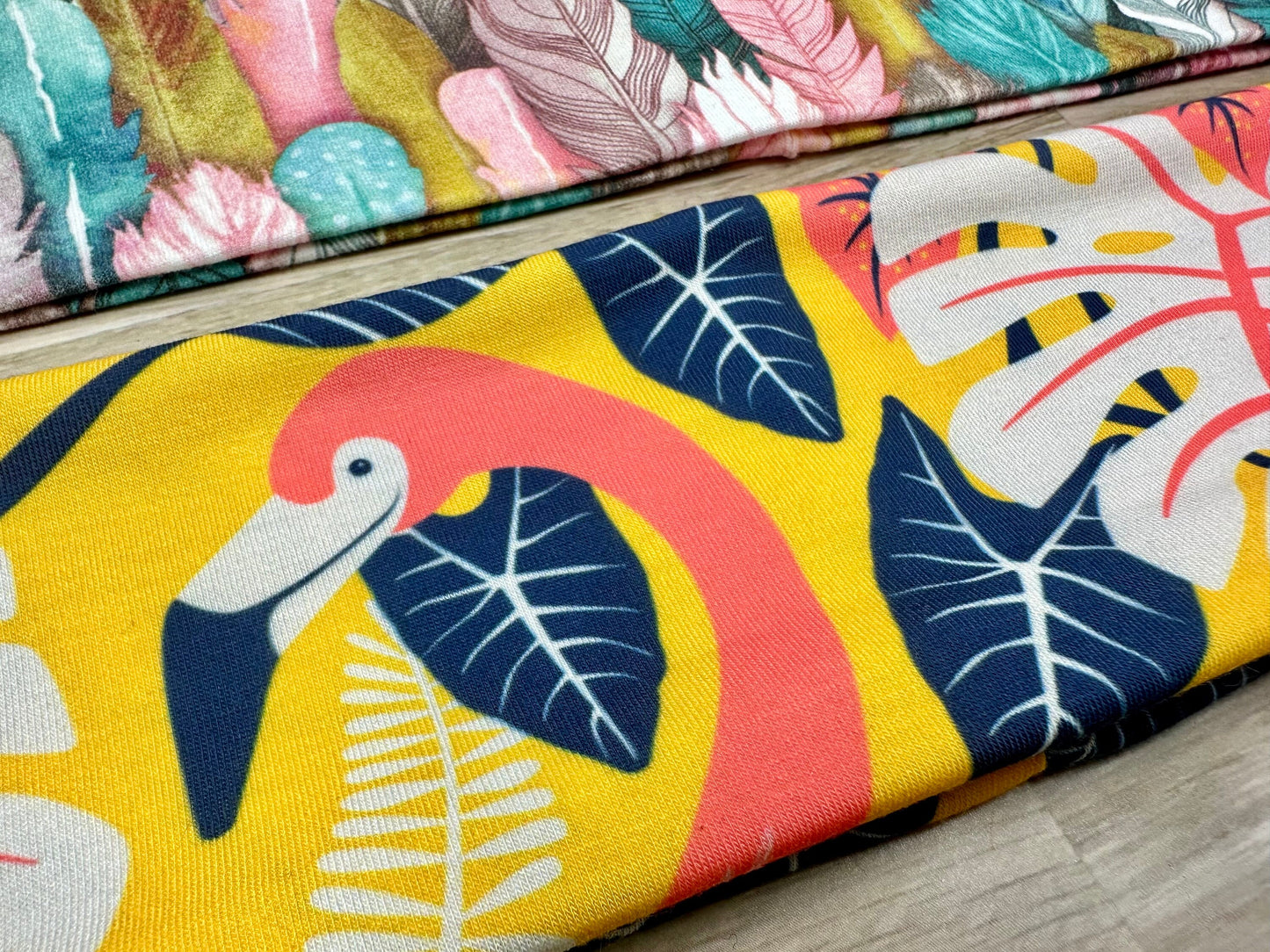 Flamingo Headband and Feathers Handmade Bandeau Jersey Knit Soft Tropical Bright