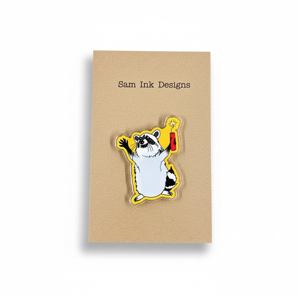 Funny Raccoon Acrylic Pin: Dynamite Graphic Design