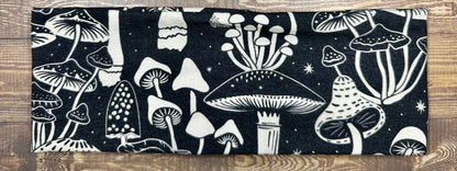 Neon Mushroom Headband With Fern and Snails, Handmade Bandeau Jersey Knit Soft Black, White, Purple, and Orange Floral Pattern
