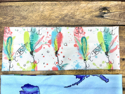 Alaska and Fishing Hooks Handmade Headbands Jersey Knit Soft Topographical Watercolor