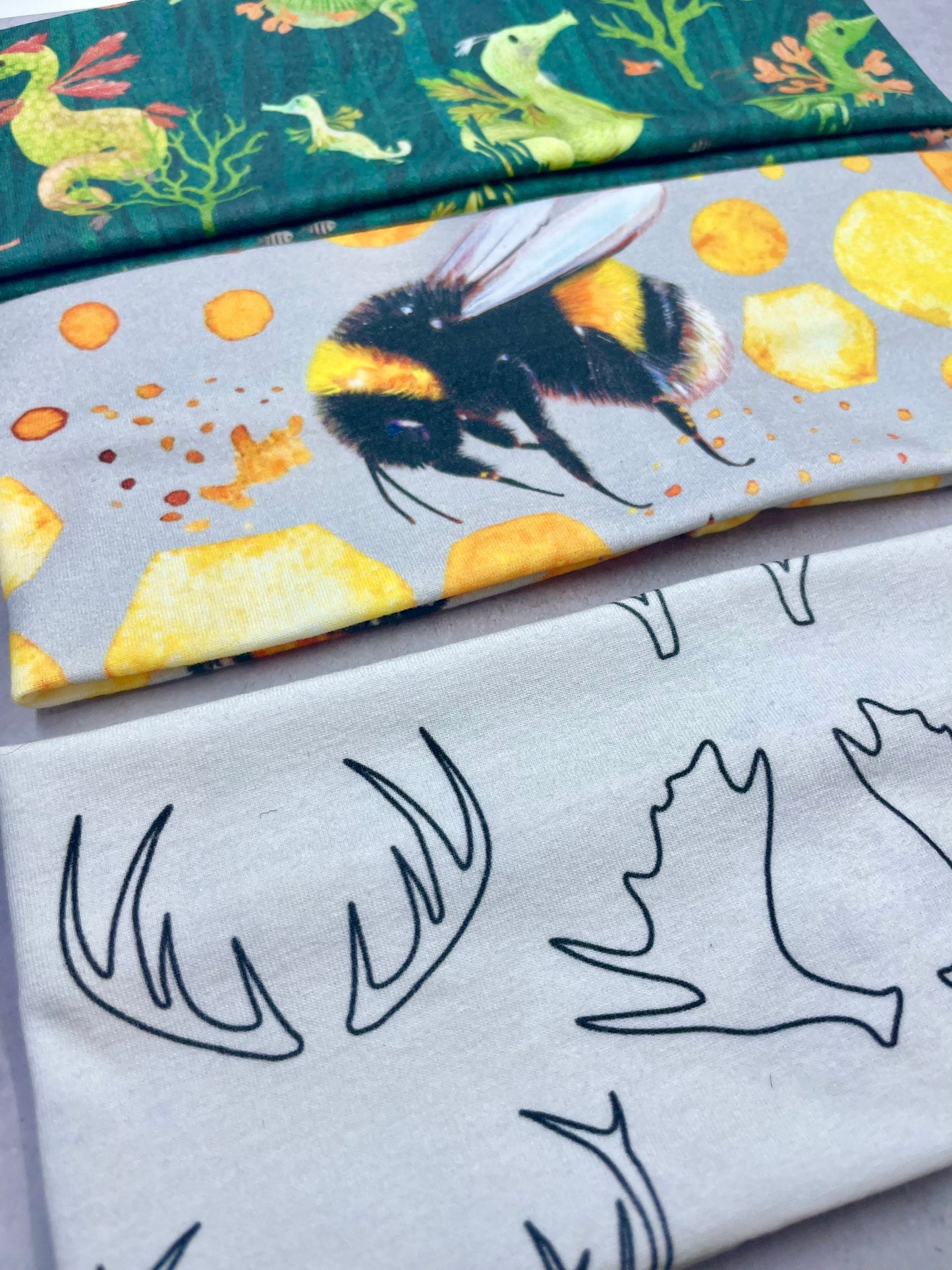 Antler Headband with Honey Bees and Seahorses Jersey Knit Soft Bandeau