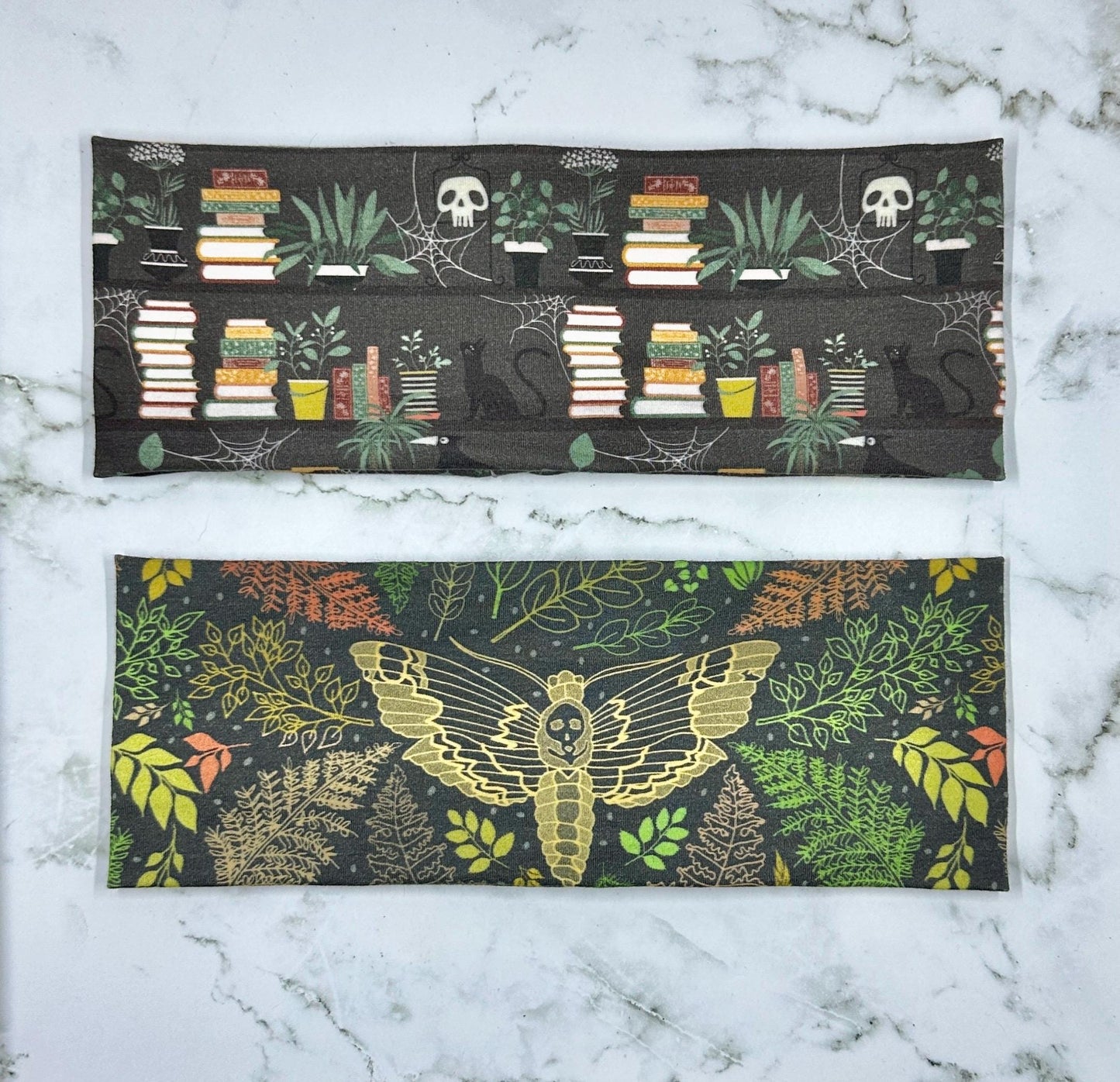 Handmade Dark Academia Headband: Moth, Ferns, Bookshelves Print