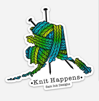 Knit Happens Alaska Sticker: Colorful Knitting Pun, 4-inch Vinyl