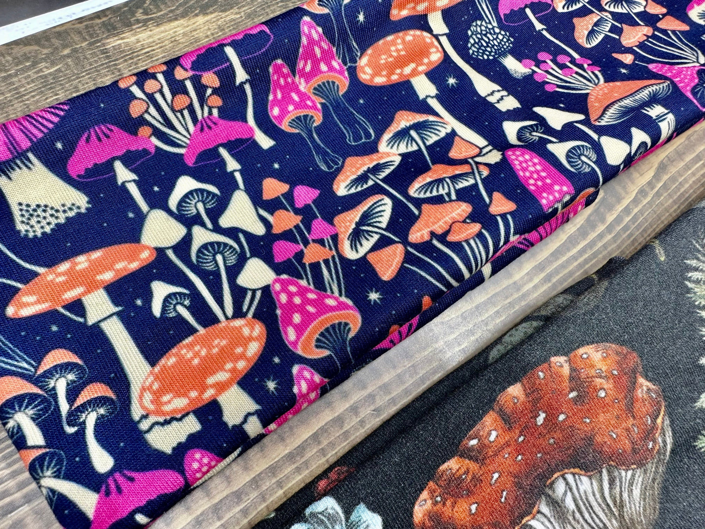 Neon Mushroom Headband With Fern and Snails, Handmade Bandeau Jersey Knit Soft Black, White, Purple, and Orange Floral Pattern
