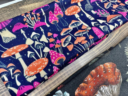 Neon Mushroom Headband With Fern and Snails, Handmade Bandeau Jersey Knit Soft Black, White, Purple, and Orange Floral Pattern