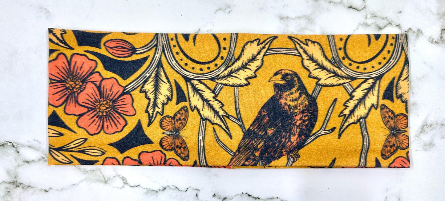 Handmade Floral Jersey Knit Headband: Bird & Beetle Print