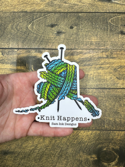 Knit Happens Alaska Sticker: Colorful Knitting Pun, 4-inch Vinyl